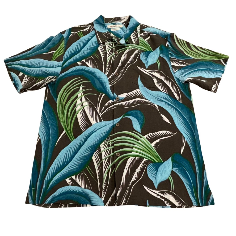 Tommy Bahama Mens Large Silk Camp Shirt Blue Green Tropical Leaf Print Brown L